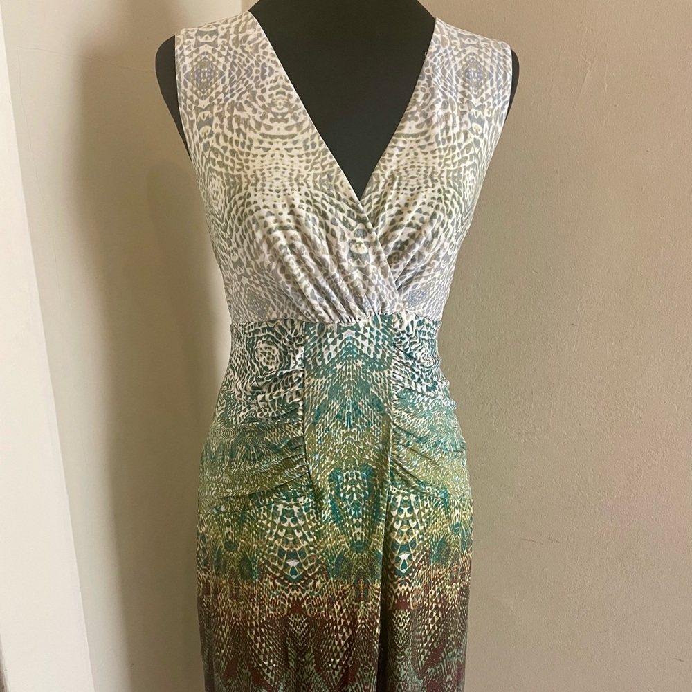 Calvin Klein Green and Brown V-Neck Midi Dress